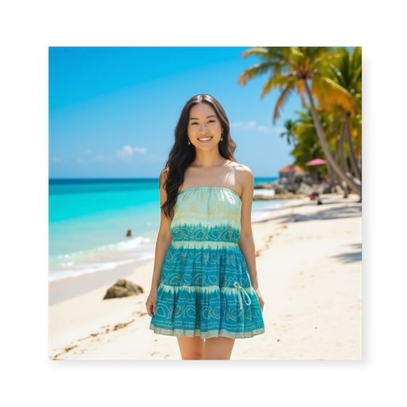 new Hale Bob ♕ Crinkled Silk Print Midi Skirt ♕ Aqua Ombre ♕ Gold Print ♕ Medium - Picture 15 of 16